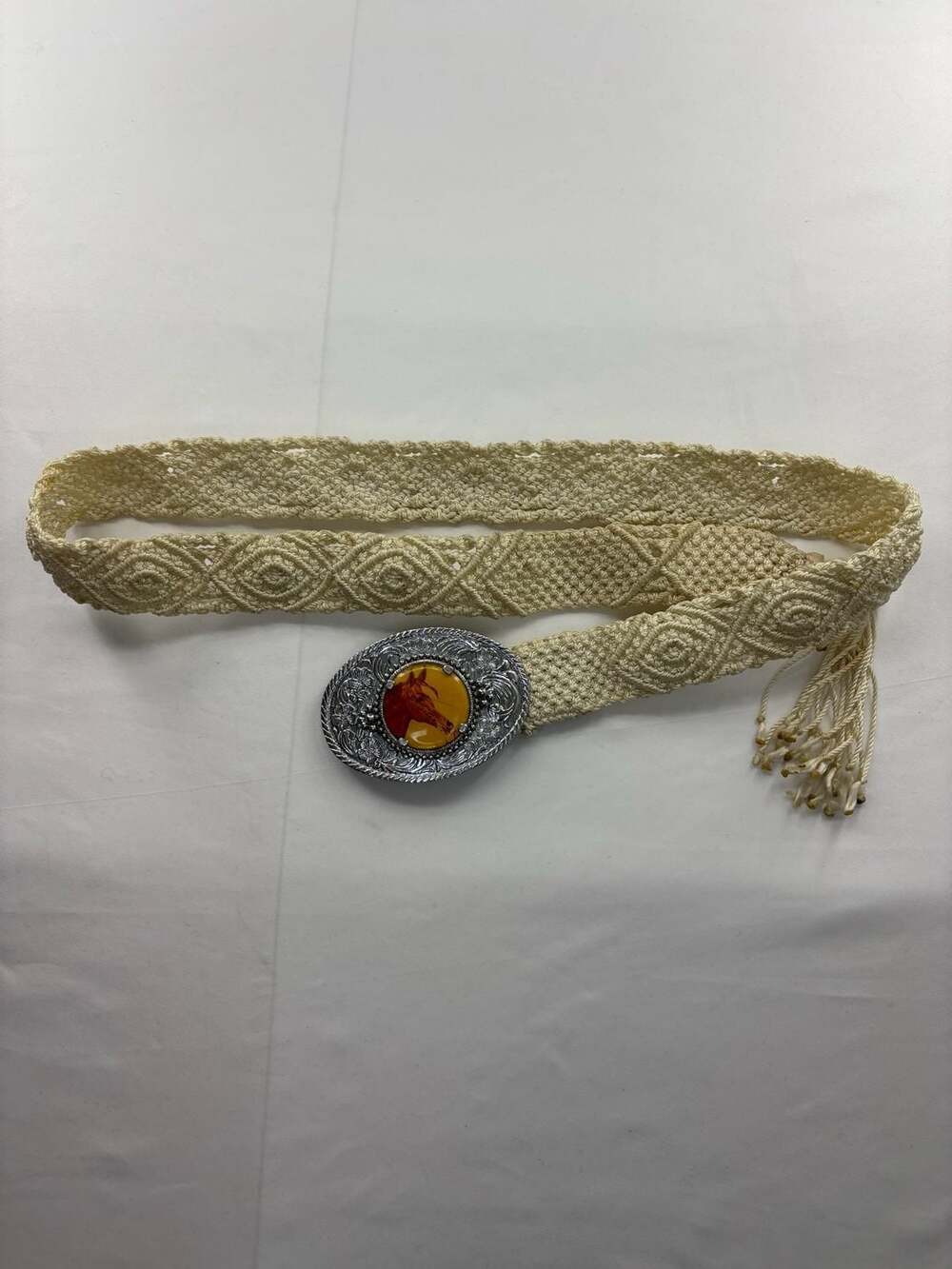 Vintage Cream Macramé Belt with Western Horse Head Buckle 40" - Picture 2 of 4